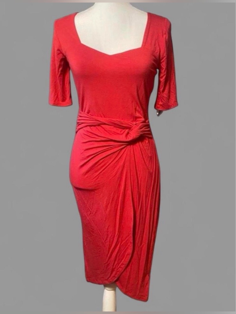 Knot-Waist Red Midi Dress with Square Neck